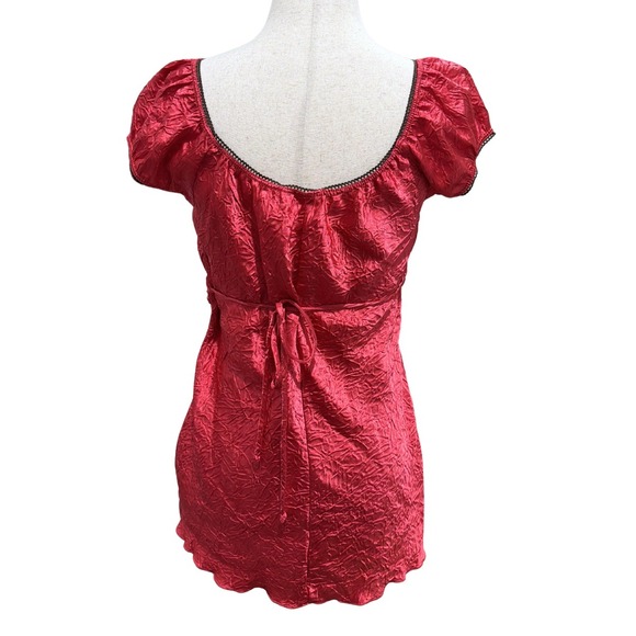 Y2K Womens Red Tie Back Babydoll Tunic Top Braided Waist Embroidered Floral S/M - Picture 3 of 3